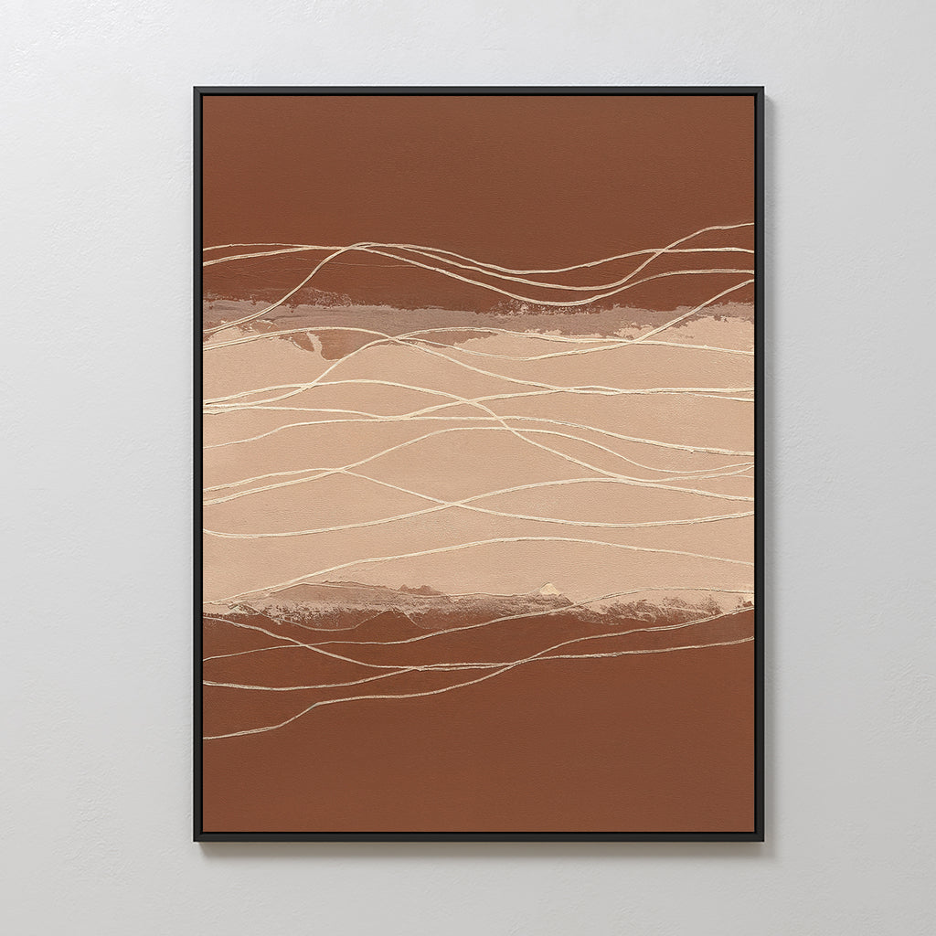 Terracotta Currents Canvas Art - Vertical features abstract wavy cream and beige lines over a brown and tan backdrop, creating a layered contemporary look—ideal for Nordic Park-inspired spaces.