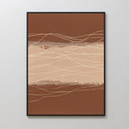Terracotta Currents Canvas Art - Vertical features abstract wavy cream and beige lines over a brown and tan backdrop, creating a layered contemporary look—ideal for Nordic Park-inspired spaces.