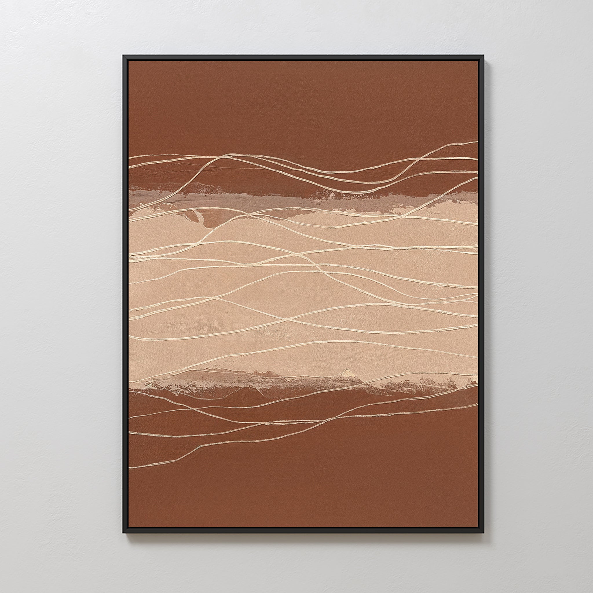 Terracotta Currents Canvas Art - Vertical features abstract wavy cream and beige lines over a brown and tan backdrop, creating a layered contemporary look—ideal for Nordic Park-inspired spaces.