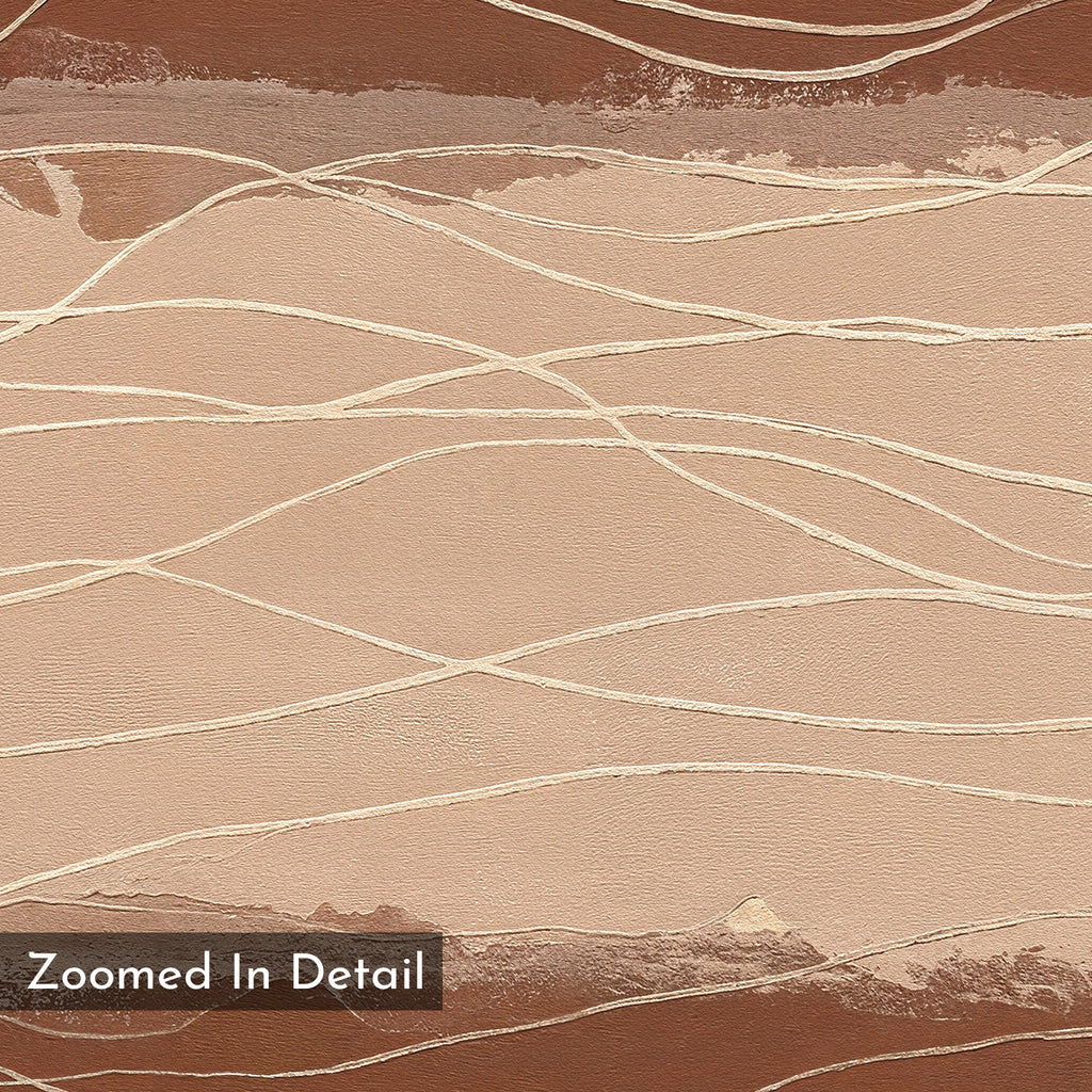 The Terracotta Currents Canvas Art - Vertical features abstract wavy cream-colored lines over a textured brown and beige background, with a "Zoomed In Detail" label accenting this contemporary terracotta wall art print.