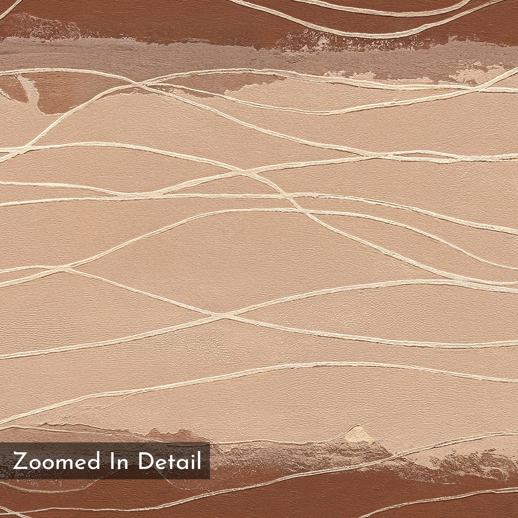 The Terracotta Currents Canvas Art - Vertical features abstract wavy cream-colored lines over a textured brown and beige background, with a "Zoomed In Detail" label accenting this contemporary terracotta wall art print.