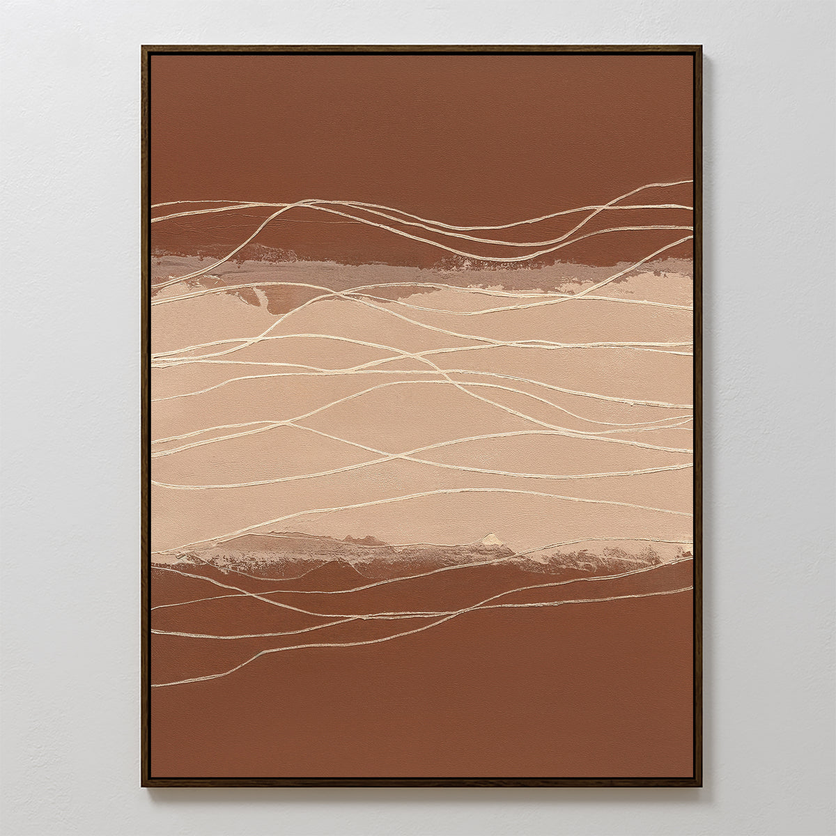 The Terracotta Currents Canvas Art - Vertical features abstract brown, beige, and tan horizontal bands with wavy cream lines, bringing an earthy feel in a minimalist style. Framed simply for a modern touch.