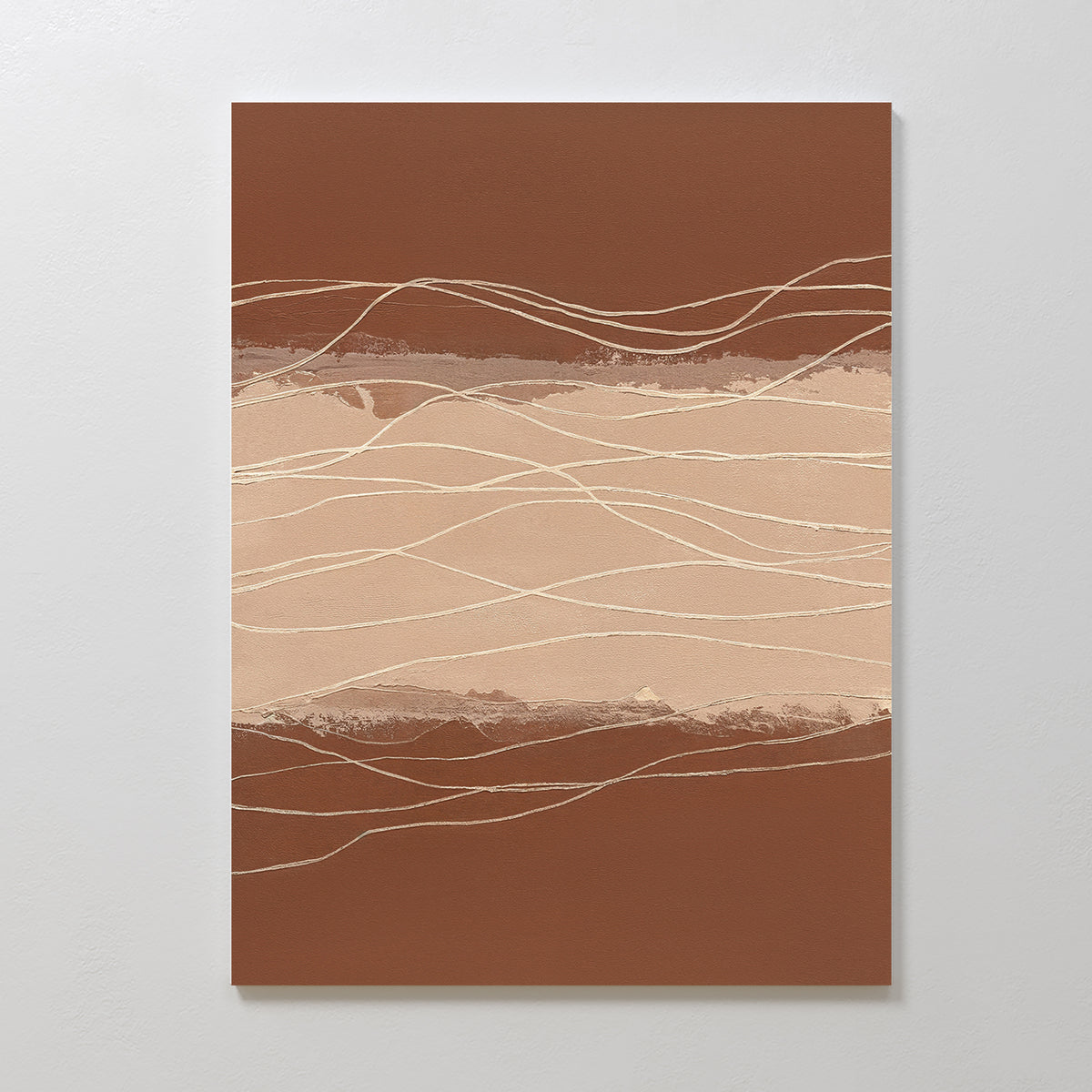 Terracotta Currents Canvas Art - Vertical features wavy, horizontal lines in beige and cream over warm brown and tan layers. This contemporary print brings earthy elegance and textured depth inspired by terracotta wall art.