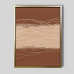 The Terracotta Currents Canvas Art - Vertical features wavy cream and beige lines on a brown background, resembling a landscape. Displayed in a gold frame, it creates a stylish contemporary statement on any light gray wall.