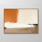 Terracotta Edge Canvas Art - Horizontal features blocks of burnt orange, cream, white, tan, and beige with black accents. This framed contemporary piece is ideal for modern living room decor on a light textured wall.