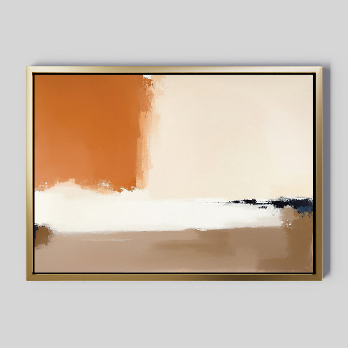Terracotta Edge Canvas Art - Horizontal features large blocks of orange, cream, brown, and white with dark accents in a gold frame. This modern abstract print is perfect burnt orange wall art for contemporary living room décor.