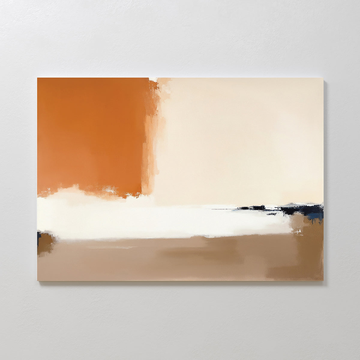 The Terracotta Edge Canvas Art - Horizontal features large blocks of burnt orange, beige, tan, and white with blurred edges and black accents—ideal as a contemporary abstract print for modern living room decor on a white wall.