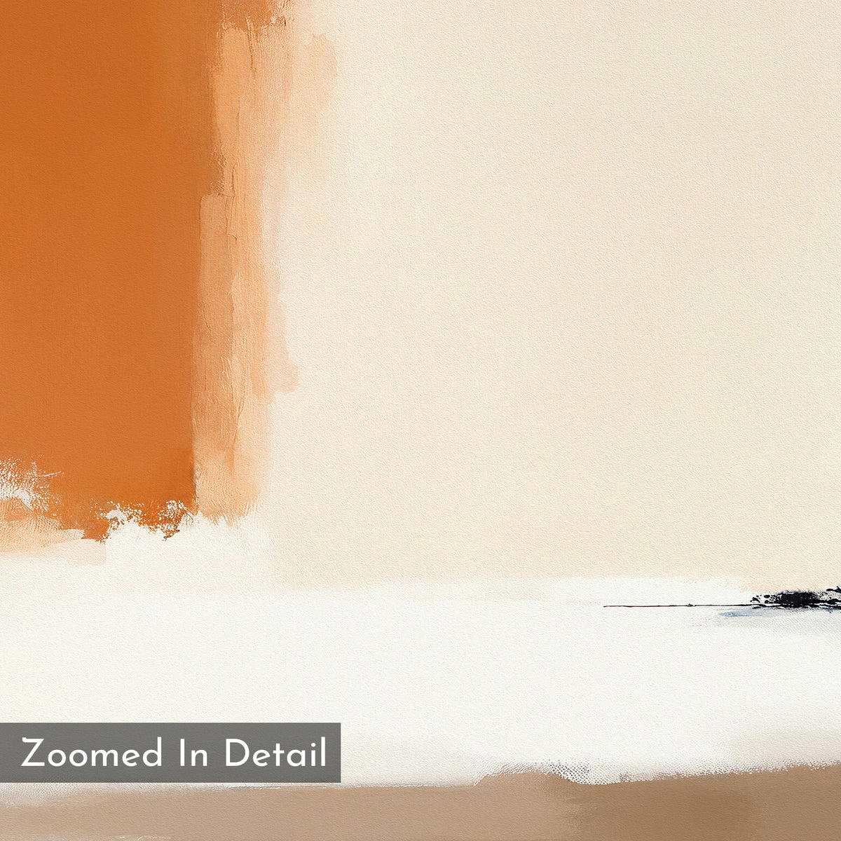 Terracotta Edge Canvas Art - Horizontal features a bold vertical burnt orange brushstroke on the left, beige/off-white background, and a small textured black accent right—ideal as contemporary wall art. “Zoomed In Detail” appears in a gray box at bottom left.