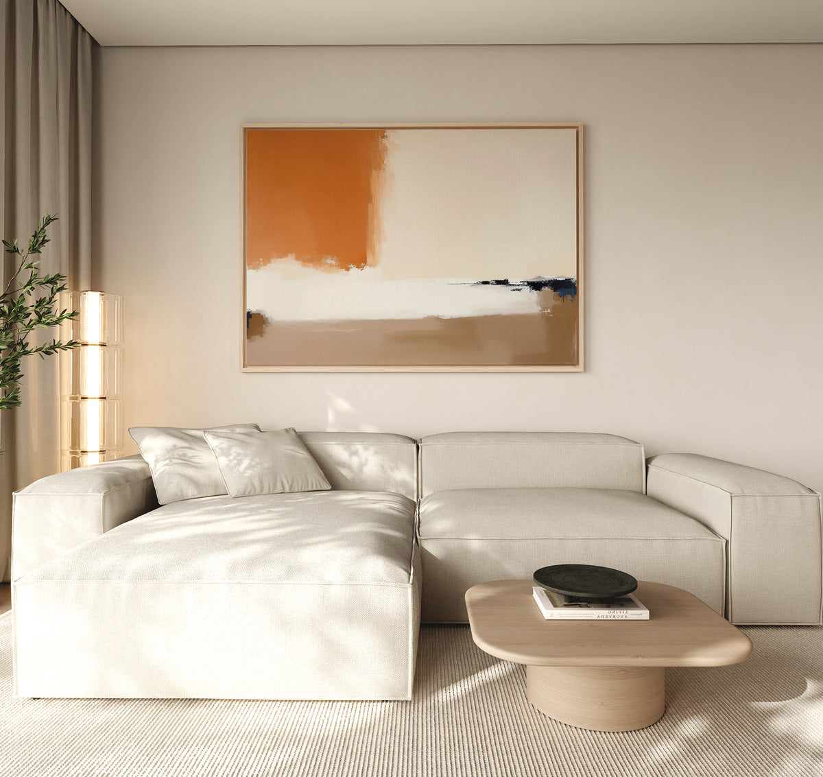 A modern living room with a light beige sectional sofa, light wood coffee table, tall plant, and Terracotta Edge Canvas Art - Horizontal adding abstract burnt orange style. Natural light from the left enhances the decor.