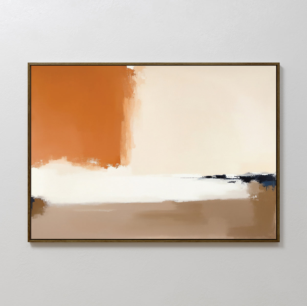 Terracotta Edge Canvas Art - Horizontal features large blocks of burnt orange, cream, white, and tan with hints of dark blue. This minimalist abstract print is perfect as modern living room decor and looks stunning framed on a white wall.