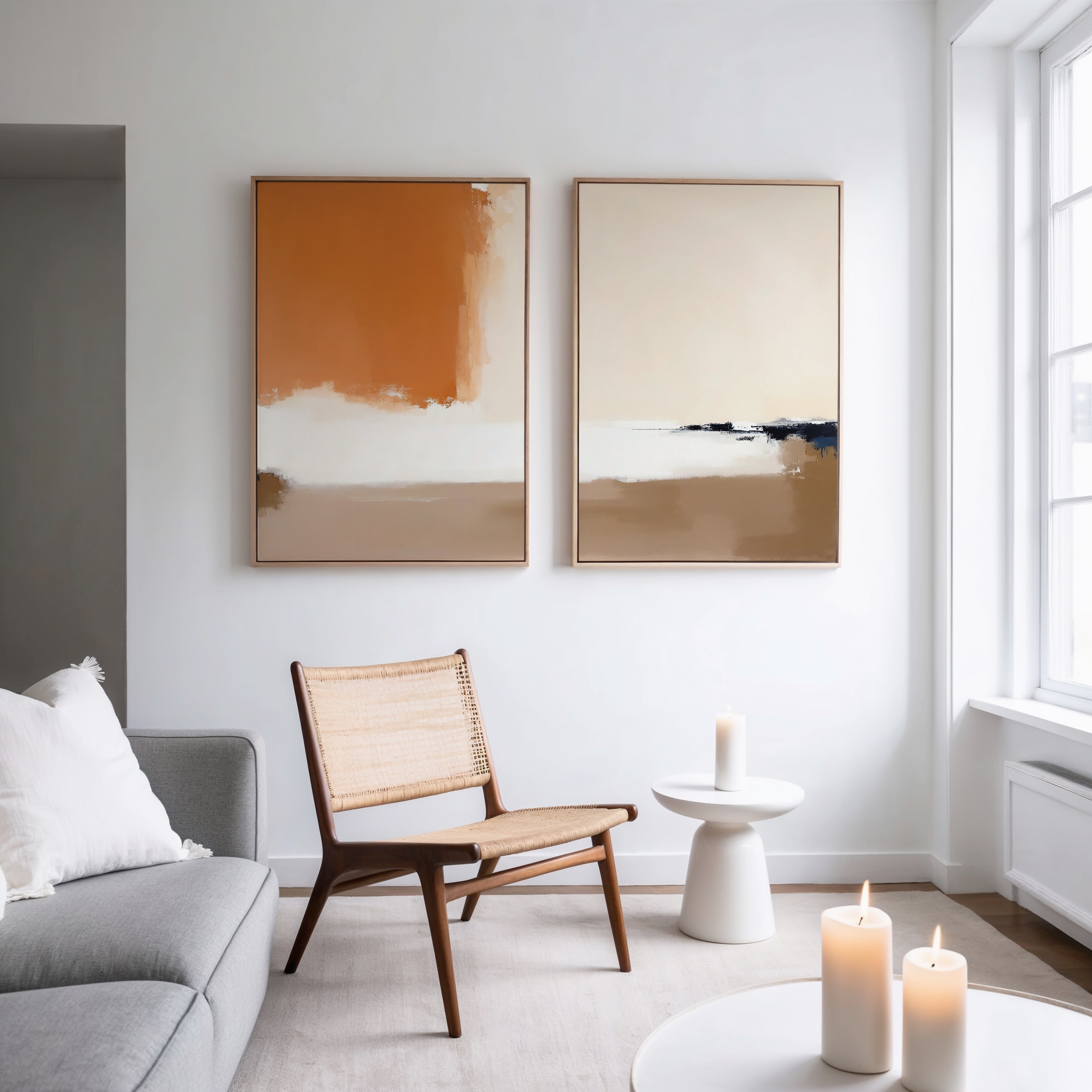 A modern living room with a gray sofa, woven wooden chair, small white side table holding Terracotta Edge - Set Of 2, contemporary abstract print on the wall, and large windows flooding the space with natural light.