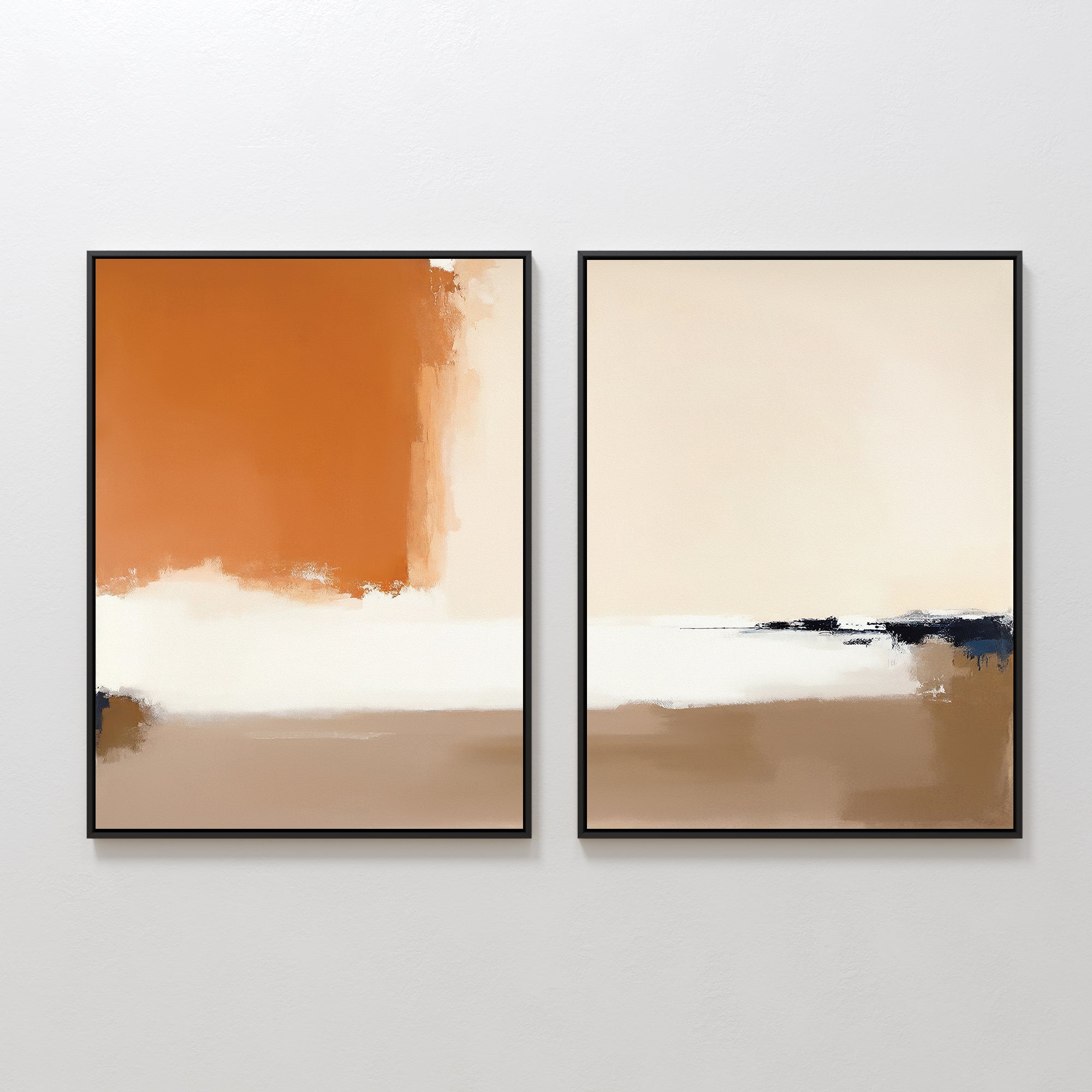 Terracotta Edge - Set Of 2 features abstract minimalist paintings with bold brushstrokes and earthy blocks of orange, beige, brown, white, and dark blue—ideal burnt orange wall art for modern living room decor.