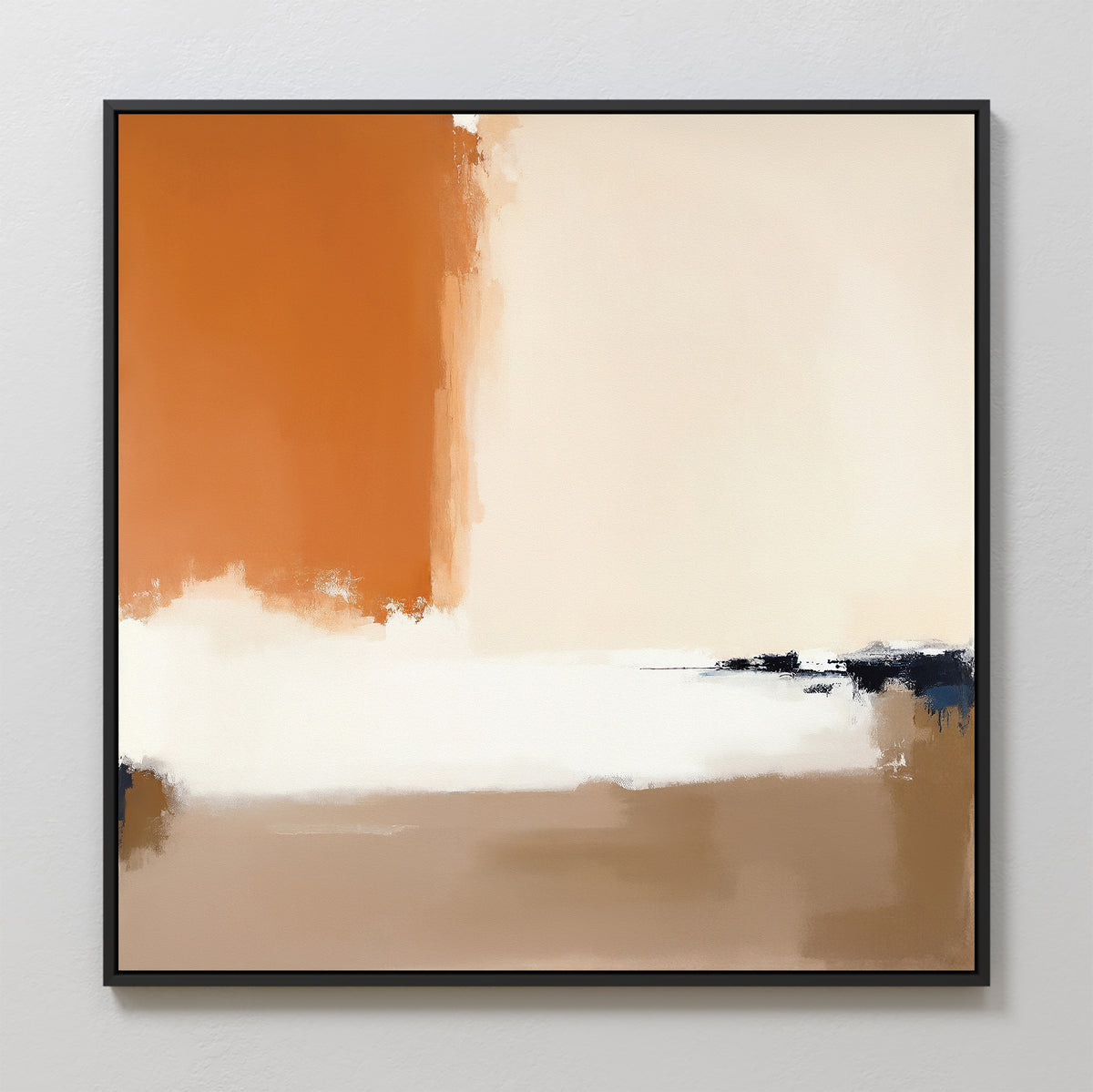 The Terracotta Edge Canvas Art - Square displays bold vertical blocks of burnt orange, cream, and brown with blue and black accents. Framed in black, this modern abstract piece is perfect for enhancing your living room decor.