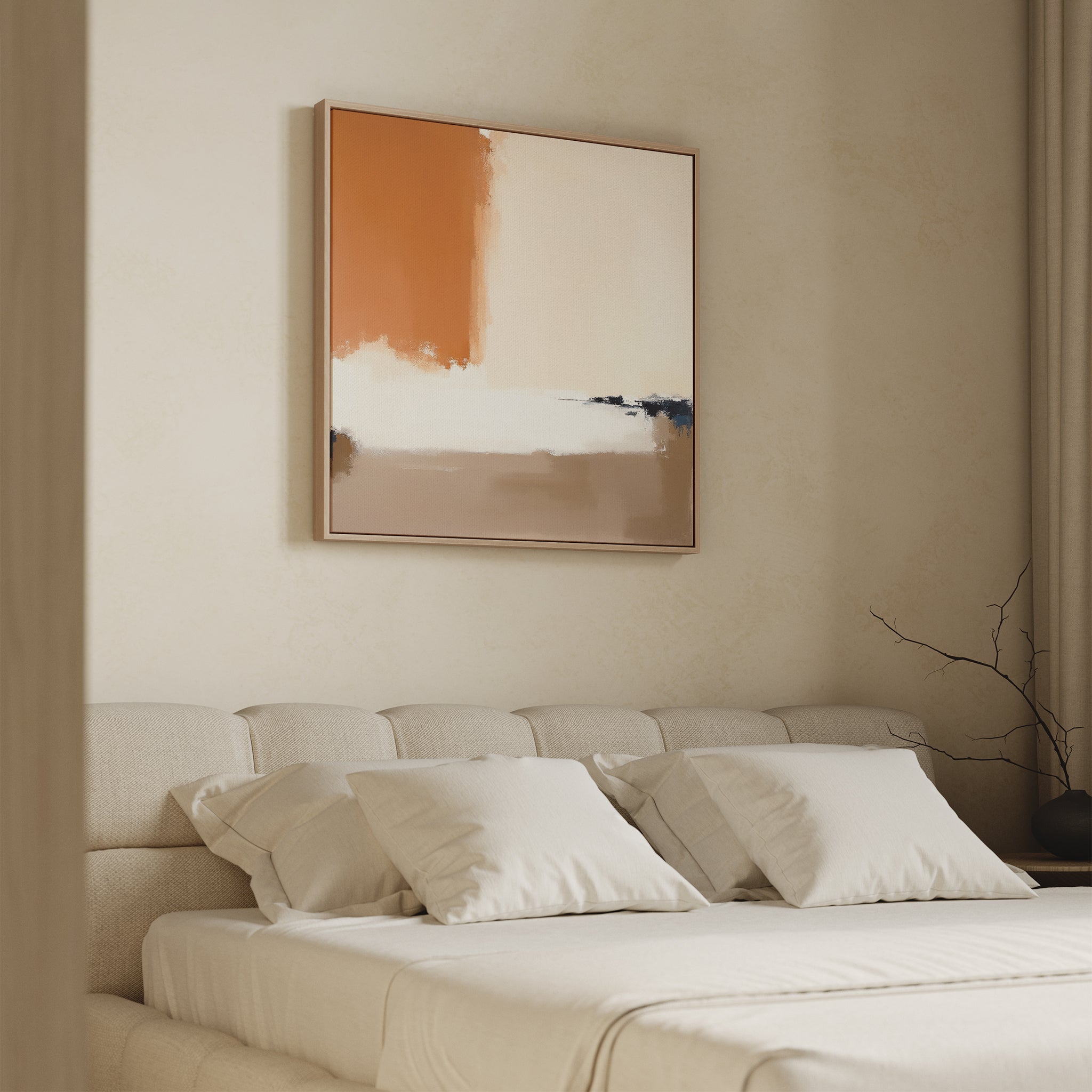 A beige bedroom with a cushioned headboard, neatly made bed with white pillows and sheets, minimalist decor, and Terracotta Edge Canvas Art - Square featuring orange, beige, white, and dark blue above the bed.
