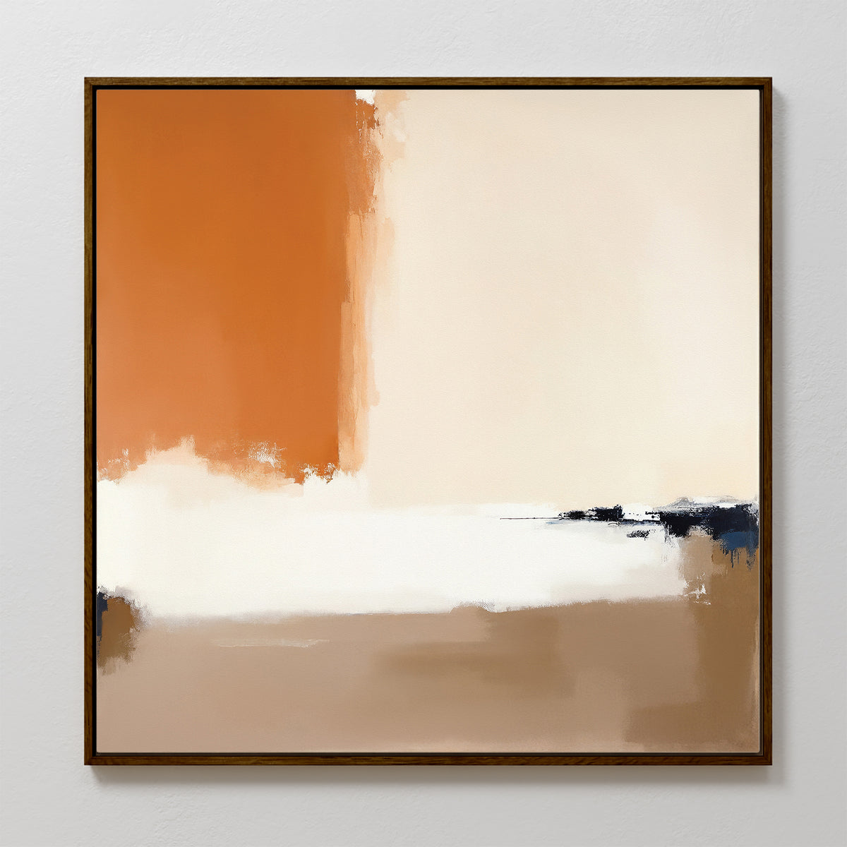 Terracotta Edge Canvas Art - Square features warm rust and burnt orange tones with beige, cream, and tan blocks. Soft-edged shapes blend near a slim dark frame, making it the ideal contemporary abstract print for modern living room decor.