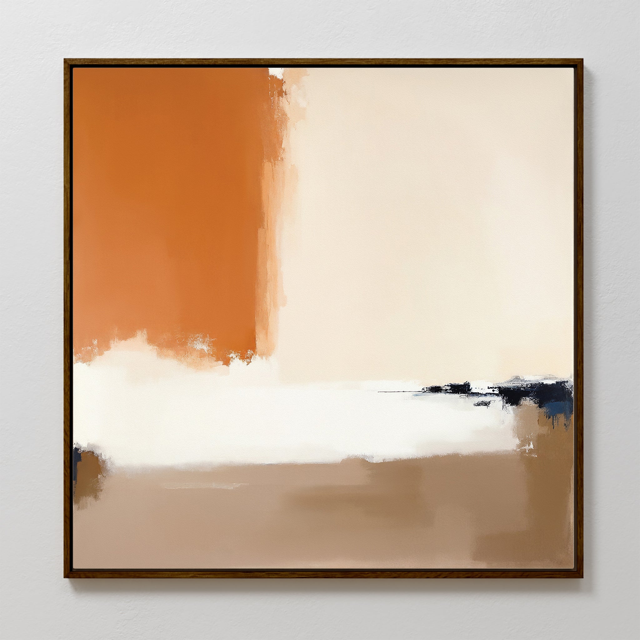 Terracotta Edge Canvas Art - Square features warm rust and burnt orange tones with beige, cream, and tan blocks. Soft-edged shapes blend near a slim dark frame, making it the ideal contemporary abstract print for modern living room decor.
