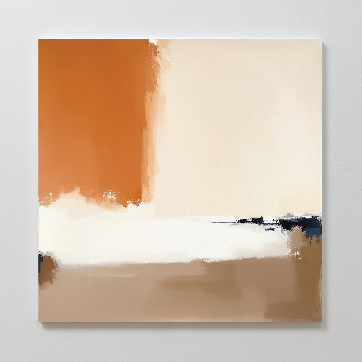 The Terracotta Edge Canvas Art - Square features bold burnt orange in the upper left, cream and white center, tan at the bottom, and dark blue and black on the lower right—ideal burnt orange wall art for modern living room decor.