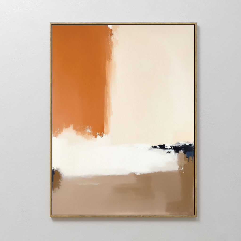 Terracotta Edge Canvas Art - Vertical features large blocks of orange, beige, cream, and brown with dark blue accents. This contemporary abstract print is perfect for modern living room decor and comes framed, ready to display on any white wall.