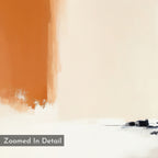 Terracotta Edge Canvas Art - Vertical features a large vertical block of burnt orange blending into cream and beige, with black textured strokes in the lower right. Ideal modern living room decor. Text overlay: "Zoomed In Detail.