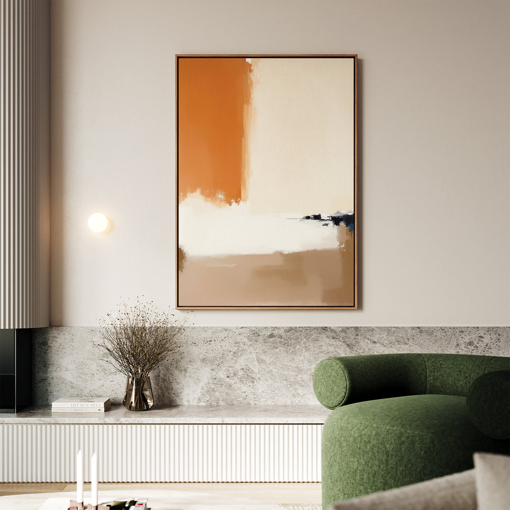 Minimalist living room featuring a green curved armchair, marble ledge, vase of dried branches, and the Terracotta Edge Canvas Art - Vertical in warm orange, beige, and white tones as modern decor on a light-colored wall.