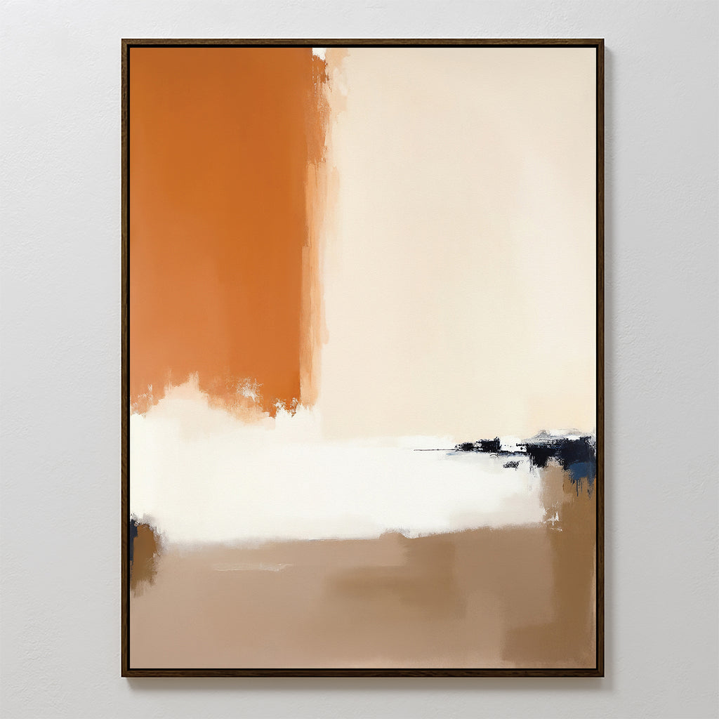 The Terracotta Edge Canvas Art - Vertical features large blocks of burnt orange, beige, white, and tan with dark blue and black accents. Set in a sleek brown frame, this modern abstract print is perfect for contemporary living room decor.