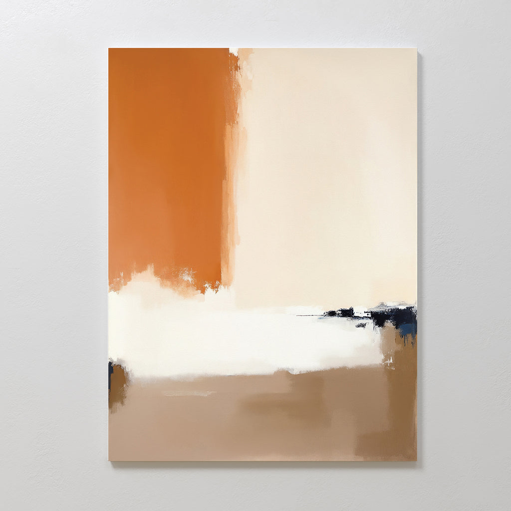 Add bold, vertical blocks of burnt orange, beige, and tan to your space with the Terracotta Edge Canvas Art – Vertical. This contemporary abstract print features soft white and black accents—ideal for modern living rooms with light walls.