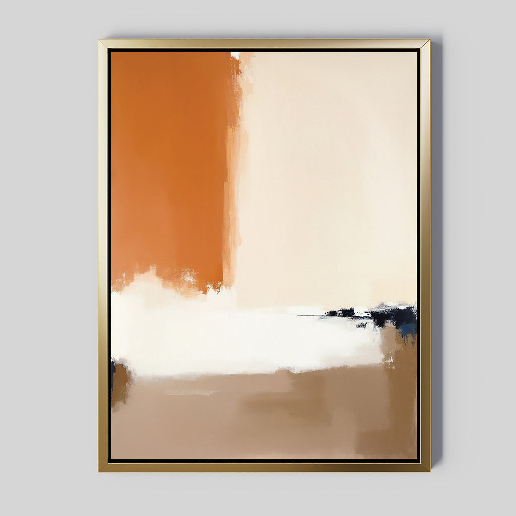 Terracotta Edge Canvas Art - Vertical: Abstract painting in a gold frame with bold blocks of burnt orange, beige, and brown plus black and navy accents—ideal contemporary decor for modern living rooms on light gray walls.