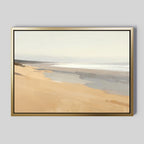 Tidal Meditation Canvas Art - Horizontal features a serene, minimalist coastal scene with soft tones and gentle waves under a pale sky—ideal as tranquil wall art for a calming atmosphere.