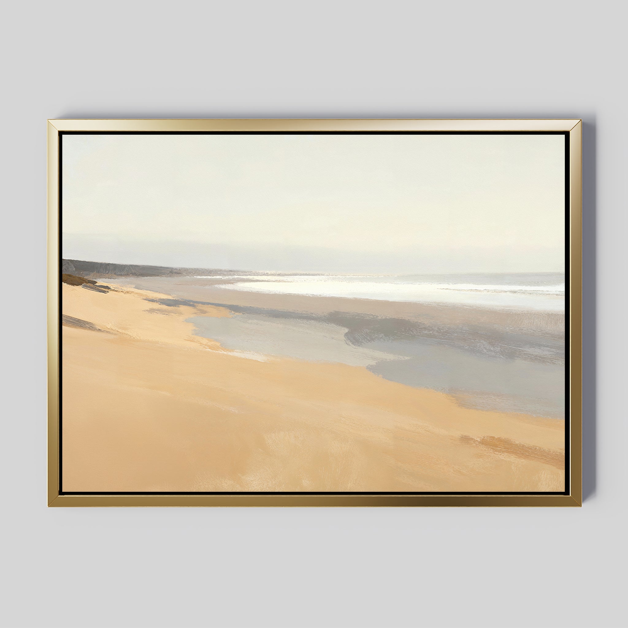 Tidal Meditation Canvas Art - Horizontal features a serene, minimalist coastal scene with soft tones and gentle waves under a pale sky—ideal as tranquil wall art for a calming atmosphere.