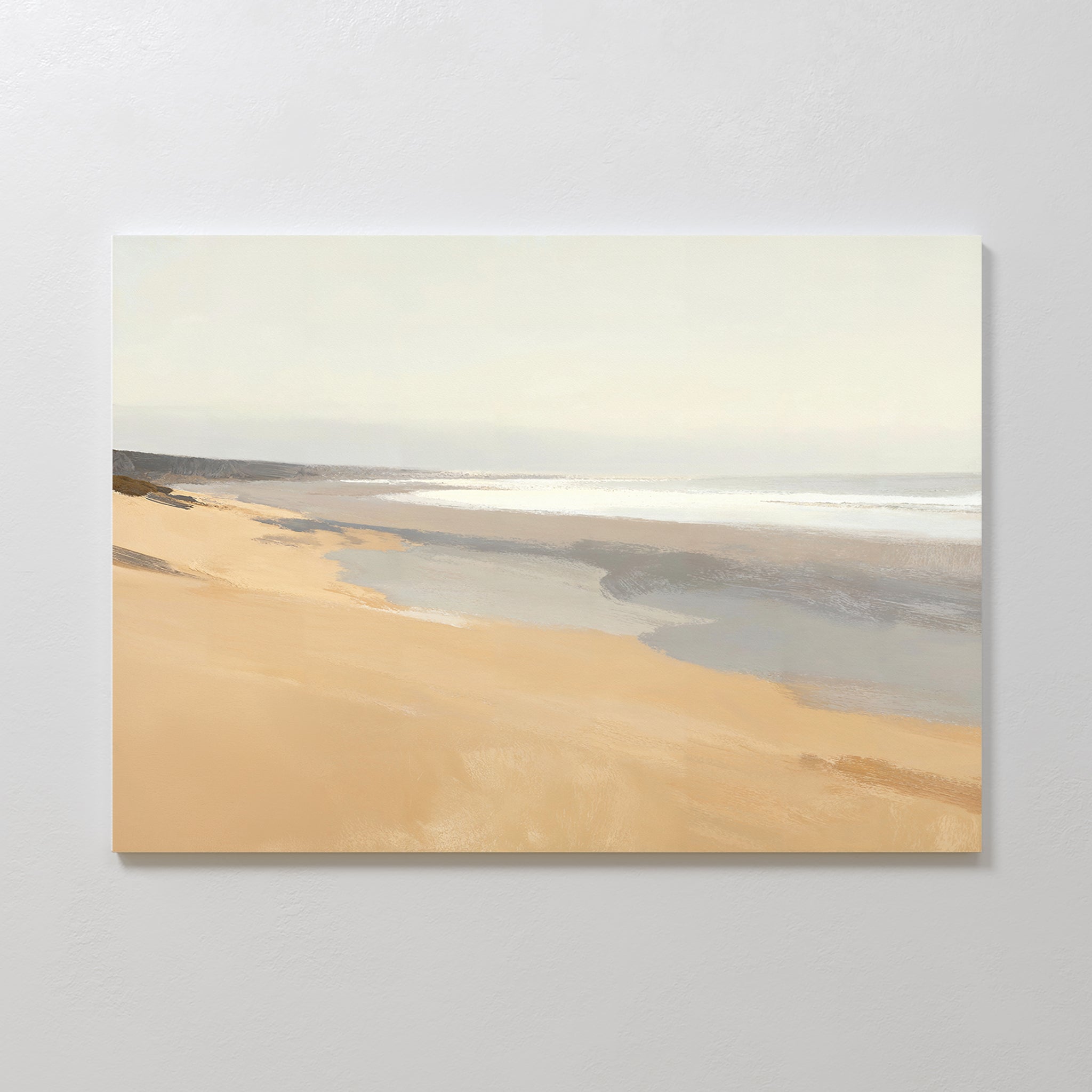 Tidal Meditation Canvas Art - Horizontal features a serene beach scene with soft golden sand, gentle waves, and a pale sky. The faint horizon adds to the peaceful, tranquil atmosphere of this calming coastal wall art.