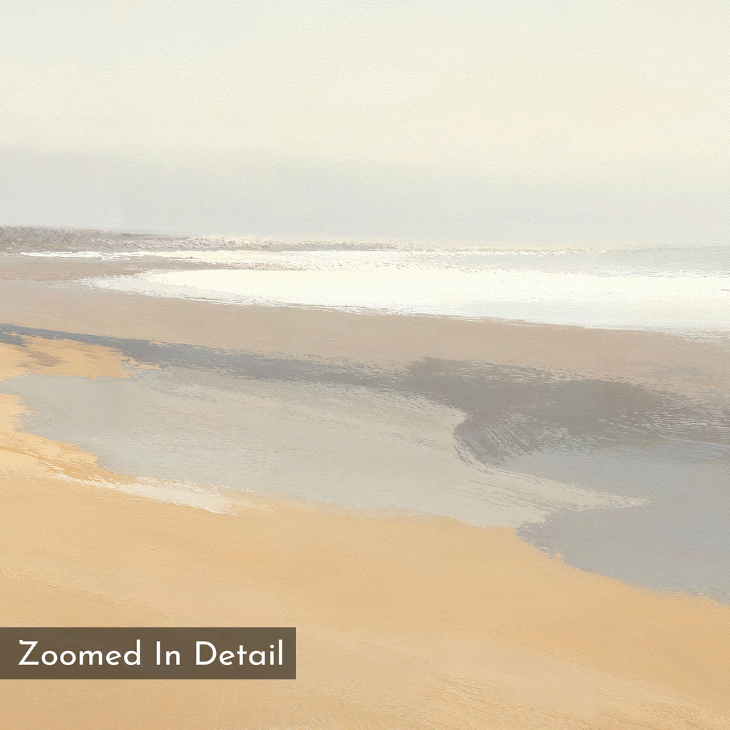 Tidal Meditation Canvas Art - Horizontal features a softly blurred, abstract beach shoreline with gentle waves and sand beneath a pale sky. "Zoomed In Detail" is labeled in the corner, making it perfect tranquil wall art.