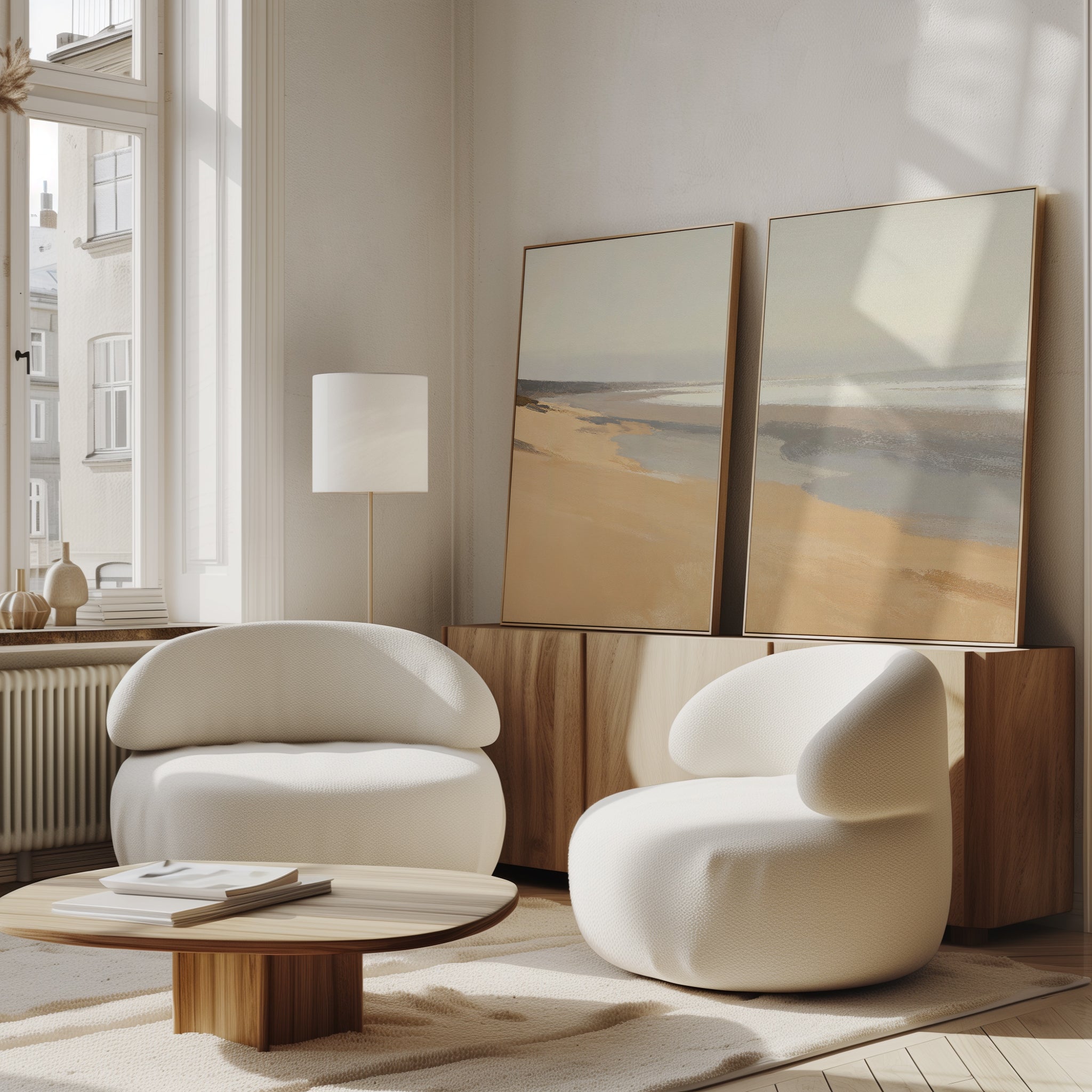 A bright, modern living room with two rounded white chairs, a low wood coffee table, and tranquil decor highlighted by the Tidal Meditation - Set of 2 wall art on a wooden sideboard near tall windows.