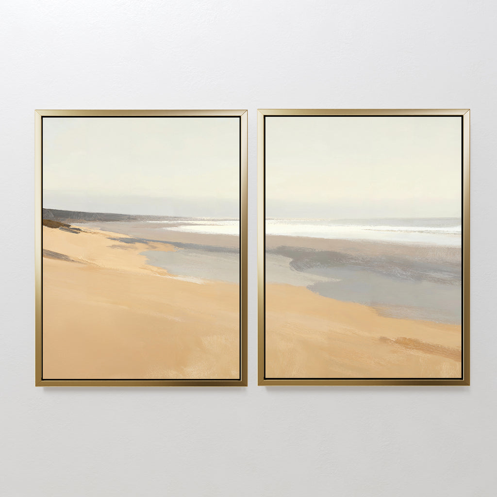 Tidal Meditation - Set of 2 features two framed paintings side by side, showcasing a calm beach with golden sand and gentle waves—ideal beach wall art for adding serene coastal decor to your space.
