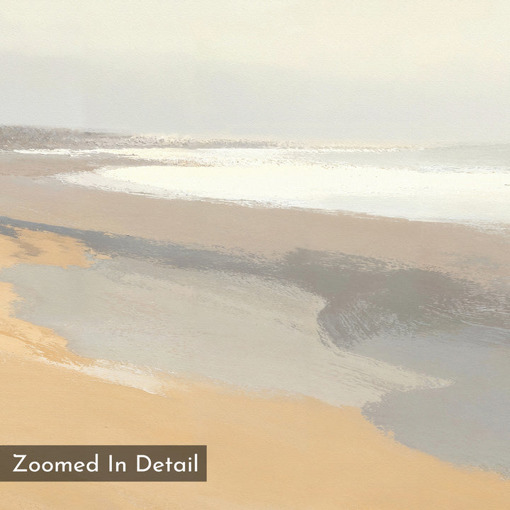 A softly painted abstract of tan sand, shallow water, and gentle waves under an overcast sky. "Zoomed In Detail" appears in the lower left—Tidal Meditation Canvas Art - Square, a welcoming coastal wall accent.