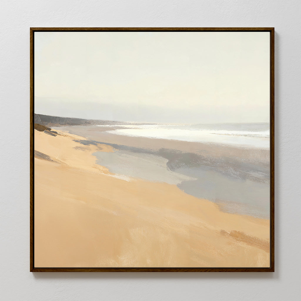 The Tidal Meditation Canvas Art - Square features a serene beach with light beige sand and gentle waves beneath a pale sky, rendered in soft, muted tones—a tranquil framed wall piece perfect for peaceful, modern interiors.