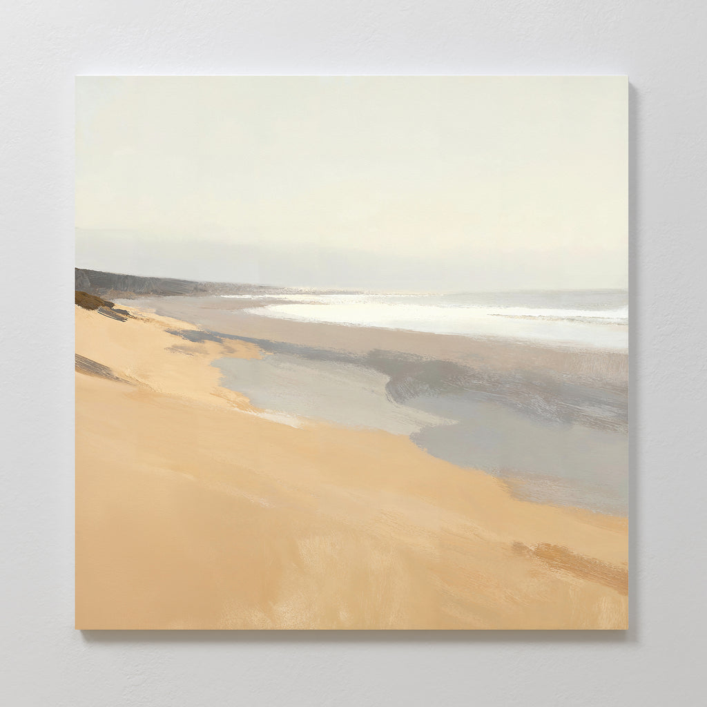 Tidal Meditation Canvas Art - Square features a serene beach scene with soft beige sand, gentle waves, and a hazy sky in muted tones—perfect minimalist wall art to create a calm atmosphere in any room.
