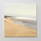 Tidal Meditation Canvas Art - Square features a serene beach scene with soft beige sand, gentle waves, and a hazy sky in muted tones—perfect minimalist wall art to create a calm atmosphere in any room.