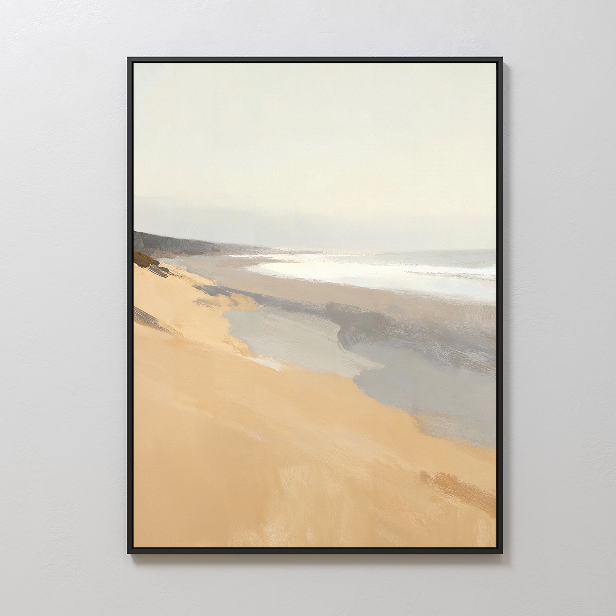 Bring tranquility to your space with Tidal Meditation Canvas Art - Vertical, a framed depiction of a sandy beach, gentle waves, and a distant shoreline beneath a pale sky—ideal coastal wall art in soft, muted tones.
