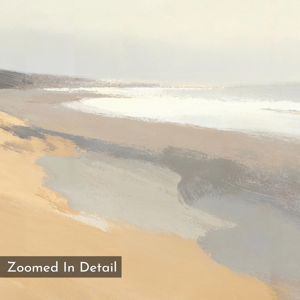 Tidal Meditation Canvas Art - Vertical features a digital painting of a sandy beach with gentle waves and overcast skies in soft, muted tones. Ideal as calming coastal wall art or beach decor. Includes the text: Zoomed In Detail.