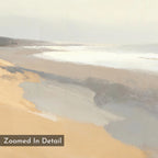 Tidal Meditation Canvas Art - Vertical features a digital painting of a sandy beach with gentle waves and overcast skies in soft, muted tones. Ideal as calming coastal wall art or beach decor. Includes the text: Zoomed In Detail.
