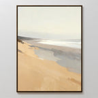 The Tidal Meditation Canvas Art - Vertical is a framed minimalist coastal wall art featuring soft beige sand, gentle waves, and a hazy sky in muted tones—perfect for elevating your beach decor.