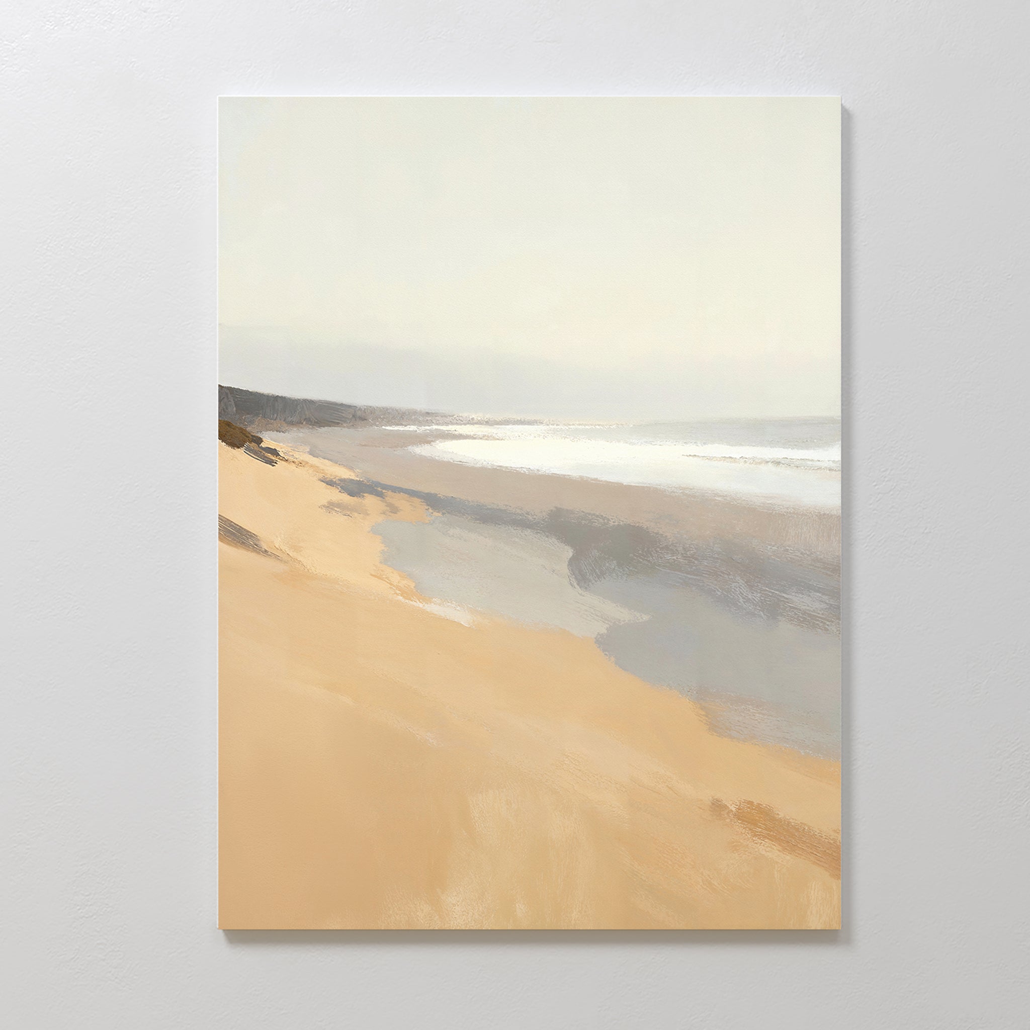 Tidal Meditation Canvas Art - Vertical features a minimalist sandy beach with gentle waves and muted tones under a pale sky—perfect coastal wall art for a serene, tranquil touch to your space.