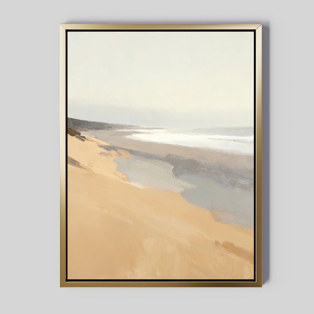 The Tidal Meditation Canvas Art - Vertical features a serene beach scene in soft, muted tones, blending sandy shore and gentle waves beneath a pale sky. This minimalist piece brings calming coastal decor to any room.