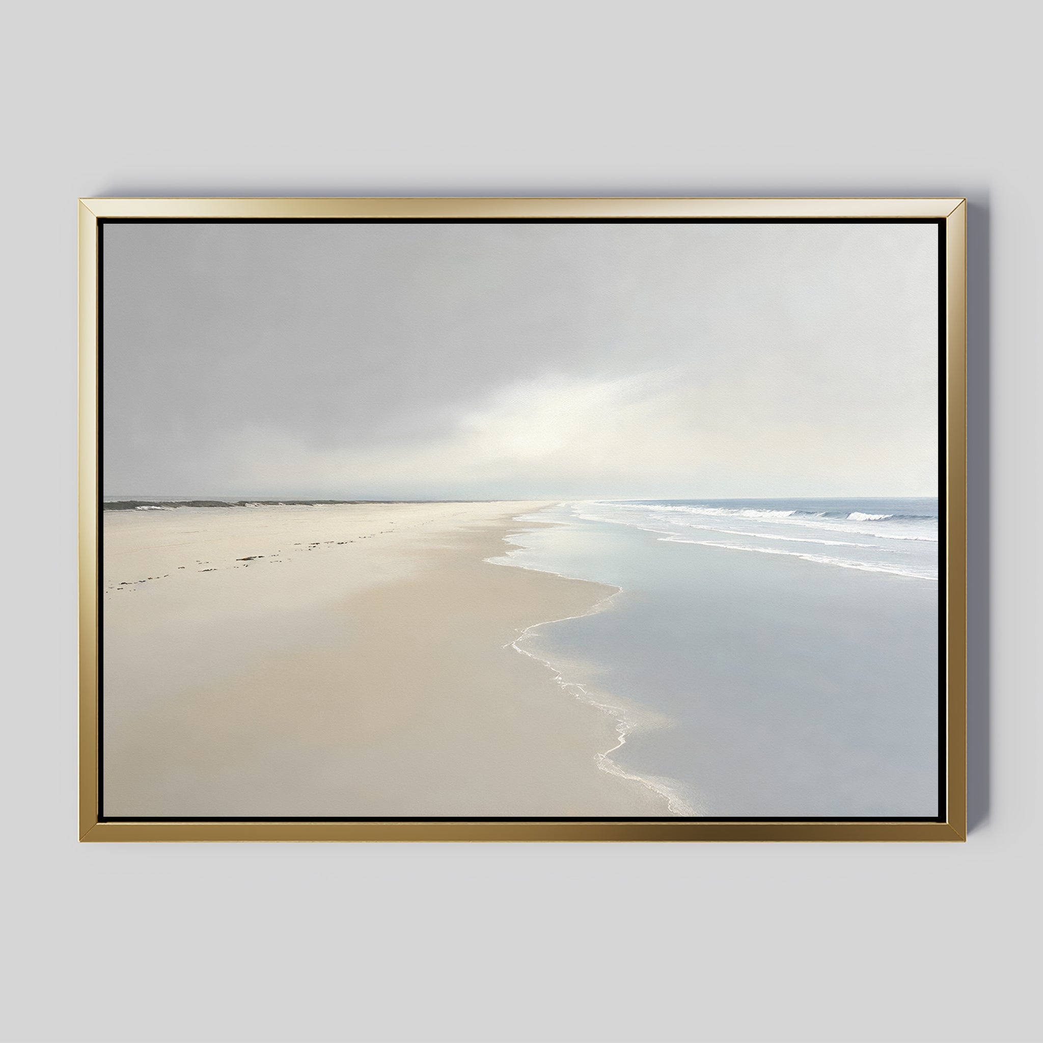 Add tranquil ambiance to your space with the Tidal Reflections Canvas Art - Horizontal, featuring a serene, empty beach and gentle waves—perfect ocean-inspired wall decor for any light gray room.