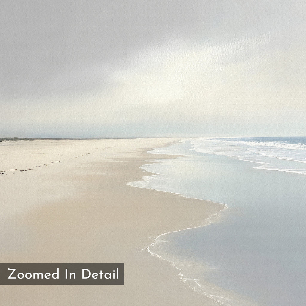 Tidal Reflections Canvas Art - Horizontal features a soft, serene beach with gentle waves and muted tones, ideal for calming wall decor. A "Zoomed In Detail" label appears at the bottom left of the artwork.
