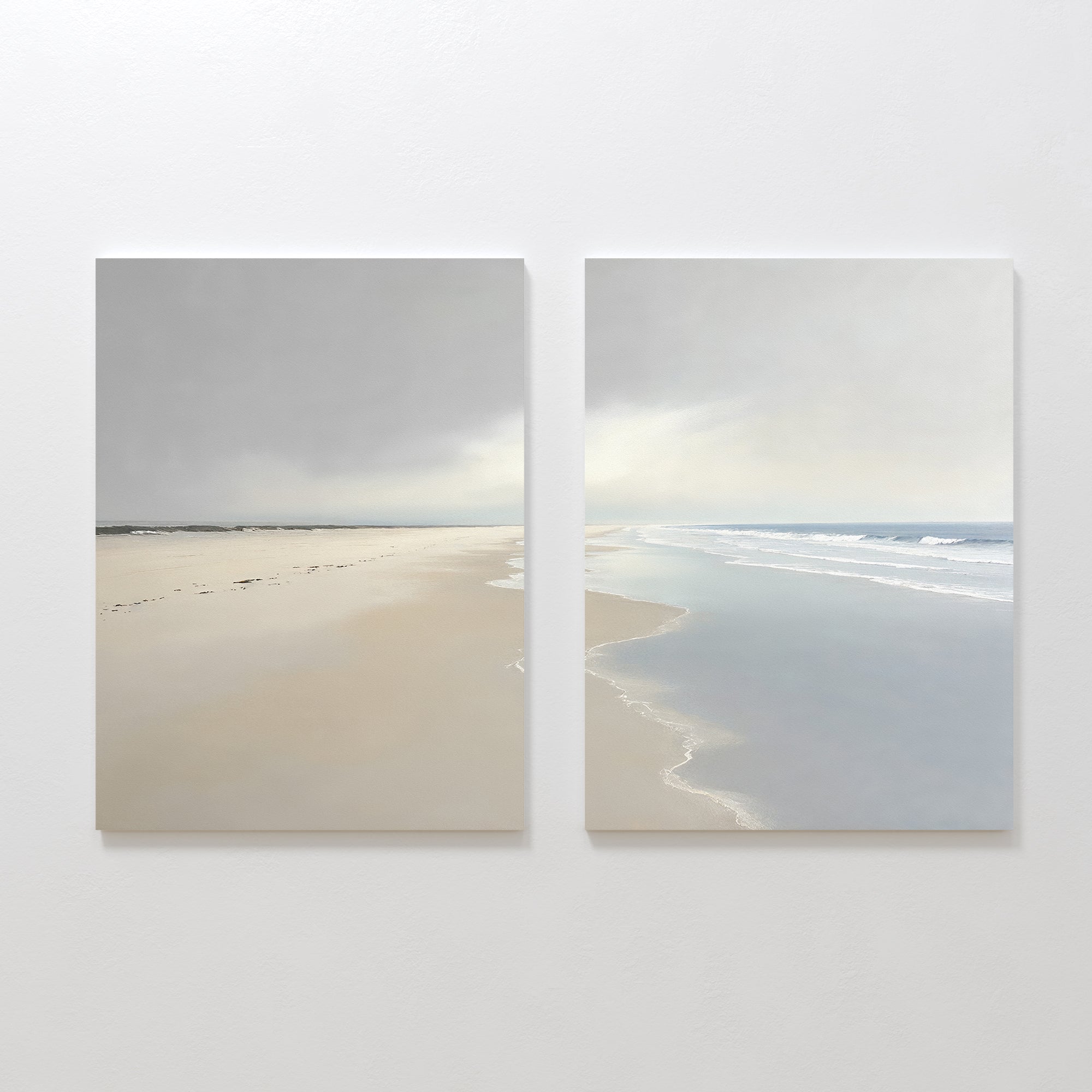 Tidal Reflections - Set of 2 features minimalist coastal canvas prints: one with calming sandy tones, the other showcasing gentle waves and tranquil water, perfect for serene wall decor.