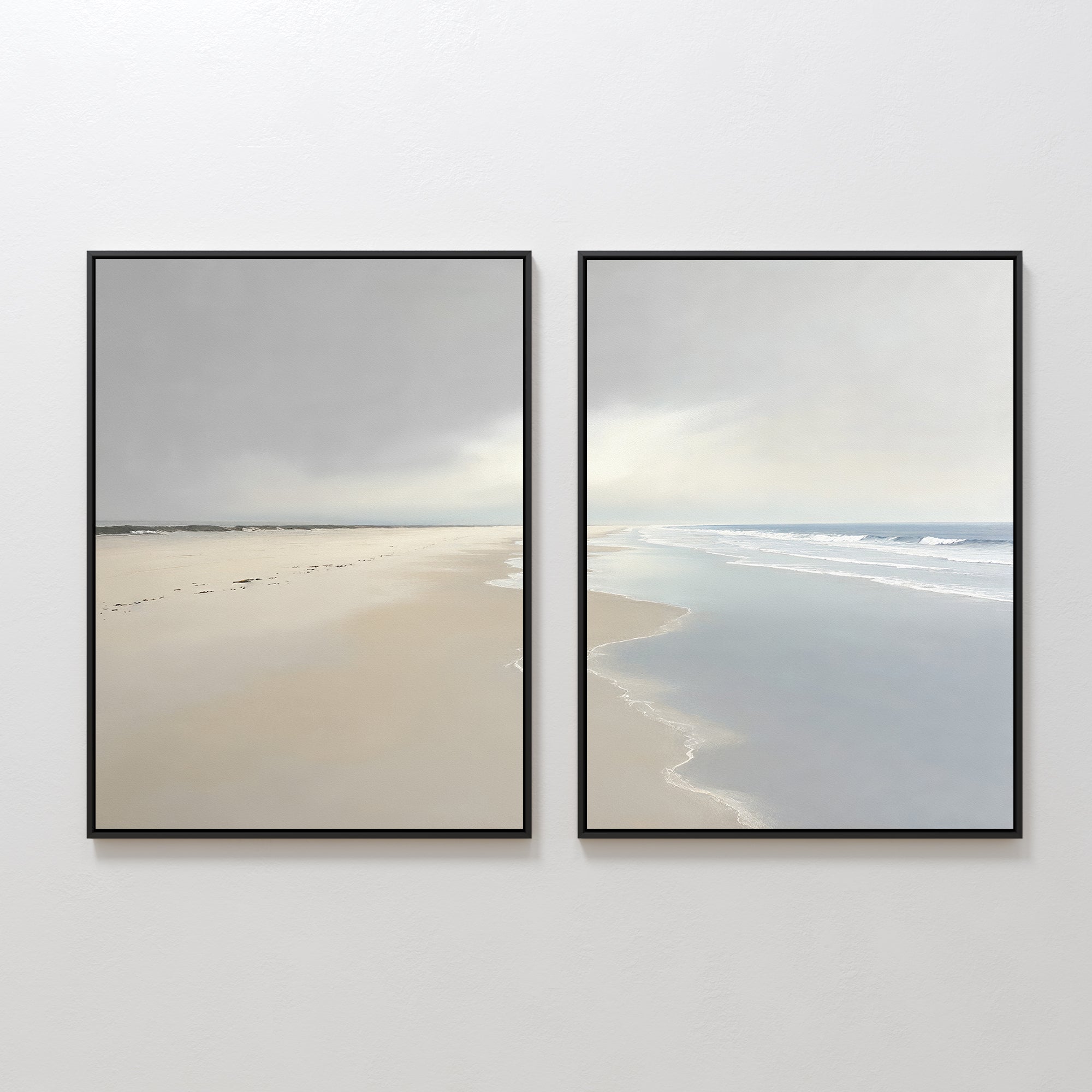 The "Tidal Reflections - Set of 2" features framed artworks depicting serene beach scenes with soft sand and gentle waves, creating a calm, minimalist coastal vibe—ideal for bringing soothing wall decor to any room.