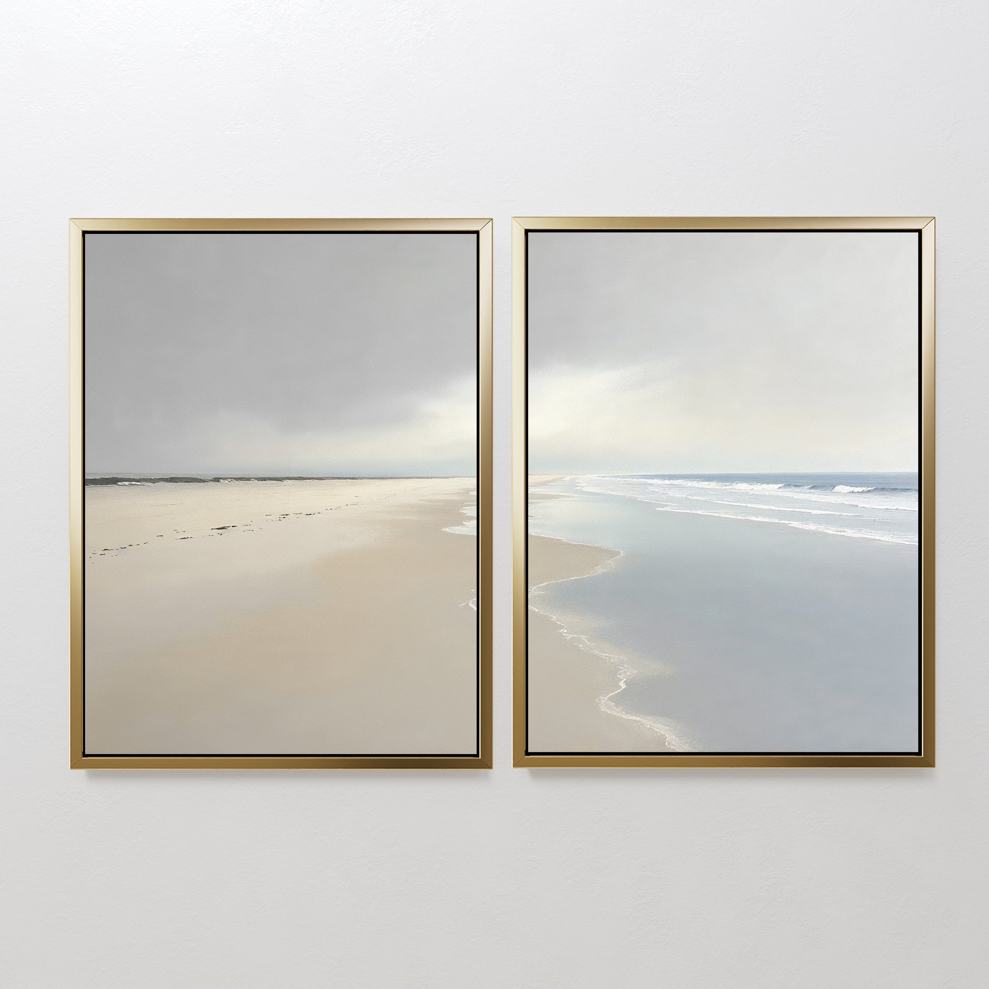 Tidal Reflections - Set of 2 features framed paintings of a tranquil, empty beach with gentle waves and cloudy skies. This calming wall decor uses soft colors to create a peaceful, serene atmosphere in any space.
