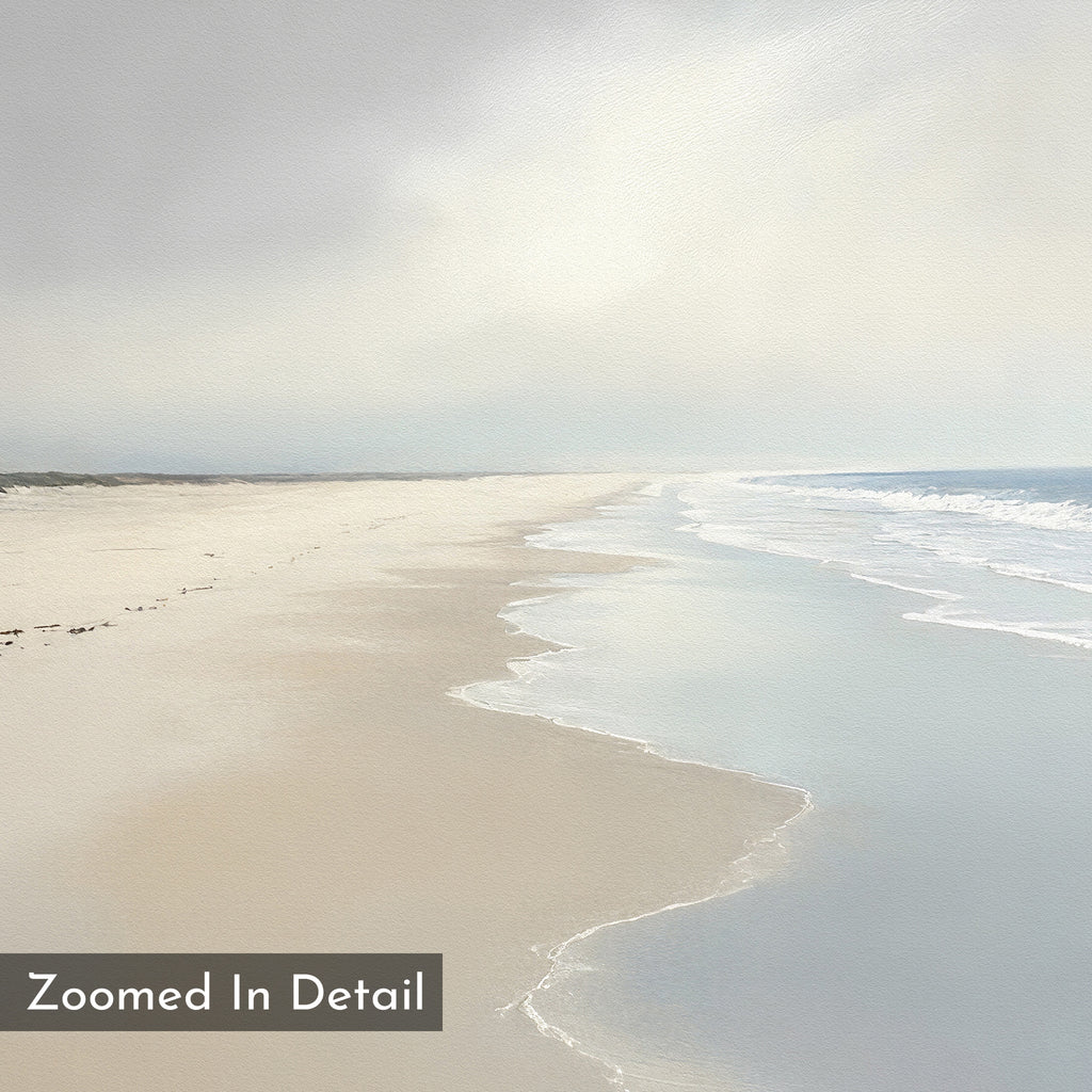 Experience tranquility with the Tidal Reflections Canvas Art - Square, featuring a soft-focus sandy beach, gentle waves, and a cloudy sky. Calm and peaceful wall decor. Corner text: Zoomed In Detail.