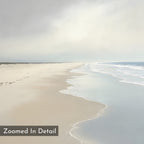 Experience tranquility with the Tidal Reflections Canvas Art - Square, featuring a soft-focus sandy beach, gentle waves, and a cloudy sky. Calm and peaceful wall decor. Corner text: Zoomed In Detail.